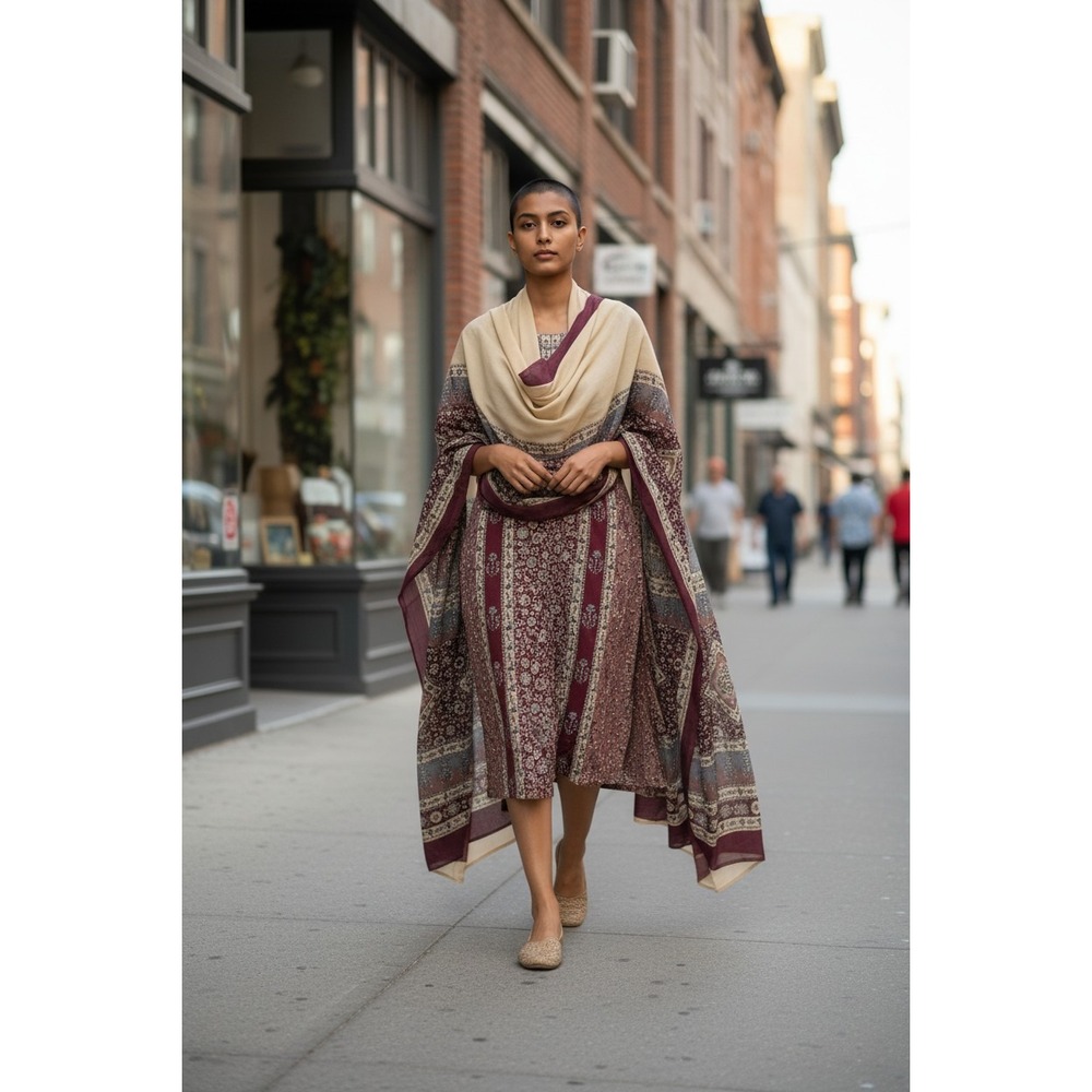 Womens Burgundy Floral Block Print Kurta Tunic and Scarf Set Midi Dress